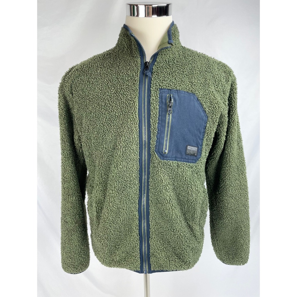 Volcom Jacket Men Small Olive Green Zip Fluffy Fleece Pocket